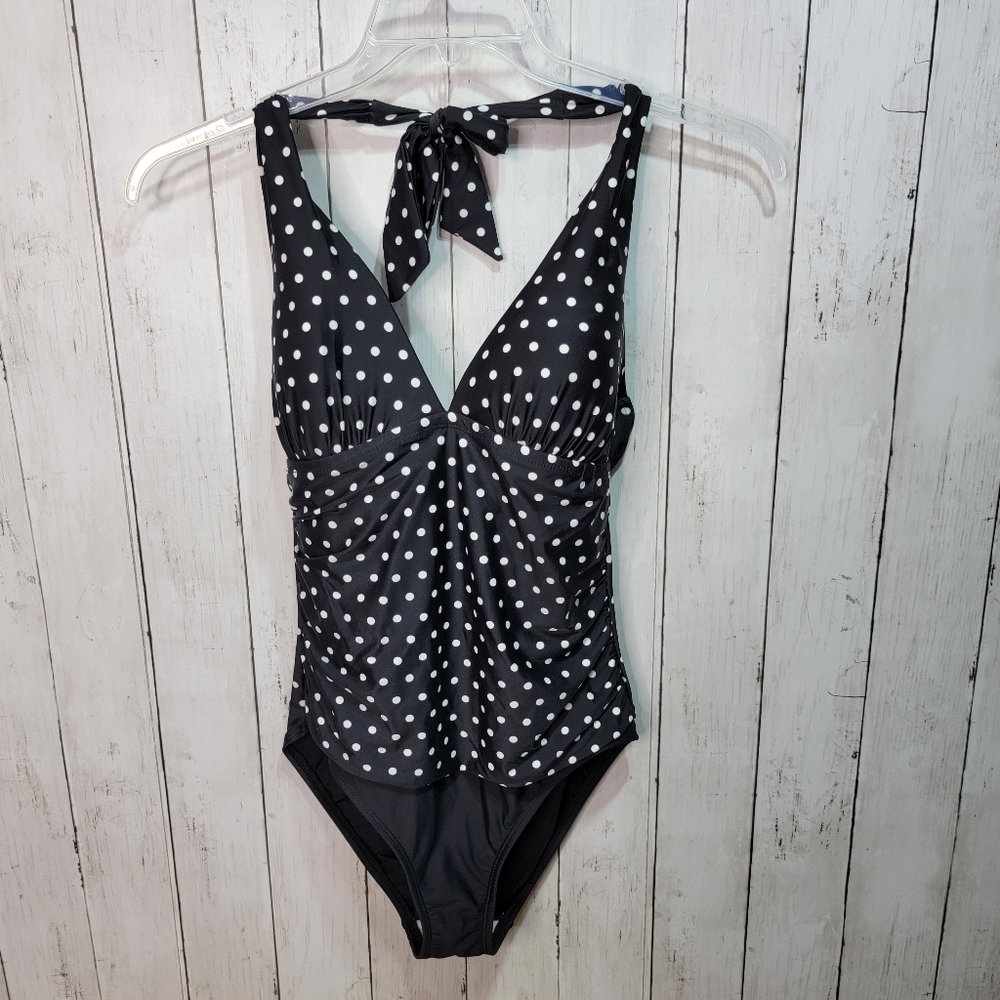 2 Bamboo Women's One Piece Halter Style Swim Suit Size Medium Black White Dots.
